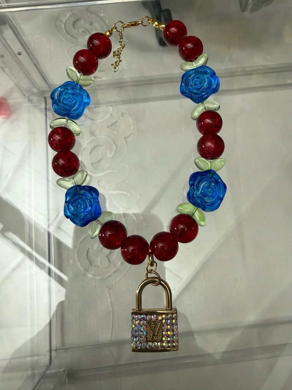 Pet Necklace - Sparkling Padlock Bead Necklace with Blue Rose Accents